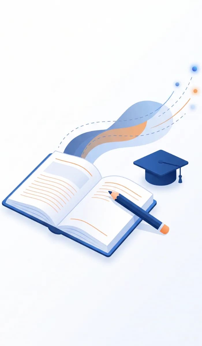 Open book, pencil and graduation cap